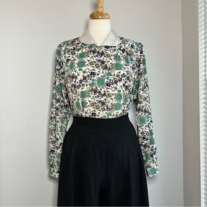 Vintage Abstract Print Women Collared Blouse